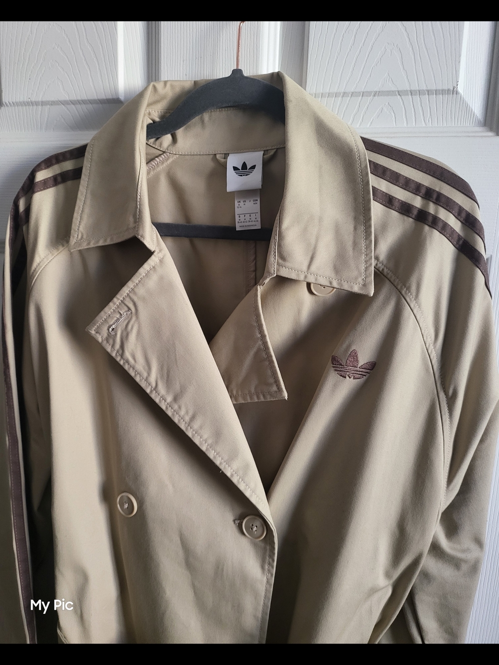 Adidas Women's Beige Trench Coat with Brown Stripes